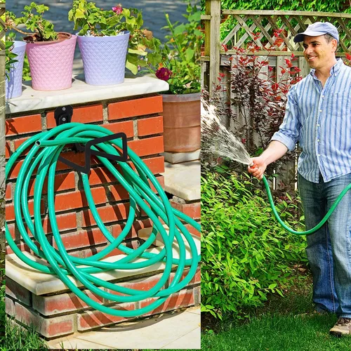 Vista 5 de Paquete de 2 soportes de pared para manguera de jardín, colgador de metal con revestimiento protector, gancho de agua para patio exterior, se adapta