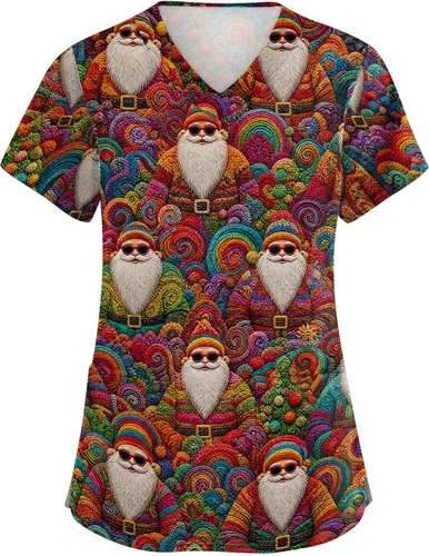Vista 4 de Camisetas de uniforme médico de Navidad para mujer, talla grande, estampado ##896-Multicolor