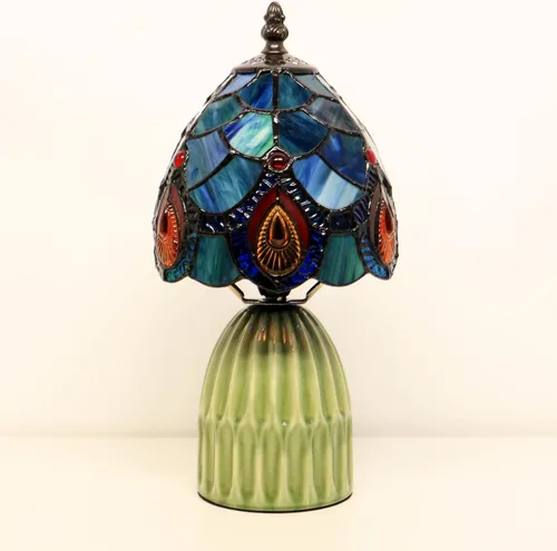 Vista 8 de Tiffany Stained Glass Mushroom Table Lamp 12.5 Inch -Blue Peacock Tiffany Lamp,6X6X12.5 Inch,Small Night Light,Ceramic Base, Mini Accent Light