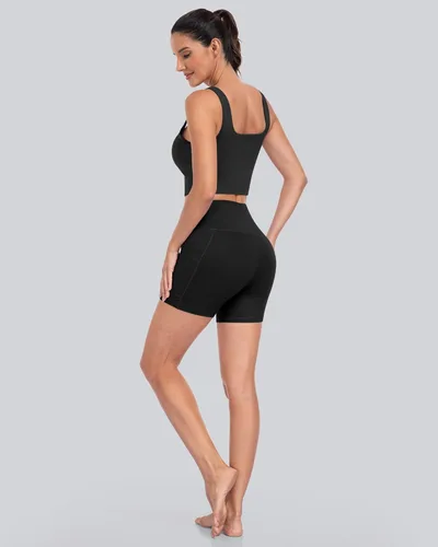 Vista 5 de CHRLEISURE - 6 paquetes de pantalones cortos de mujer estilo biker con bolsillo, pantalones cortos de elastano de control de abdomen de 5 pulgadas