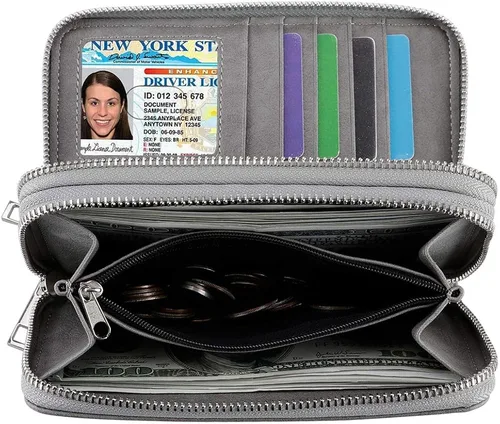 Vista 6 de Cartera de doble cierre para mujer, con correa de mano, para tarjetas, dinero en efectivo, monedas, celular