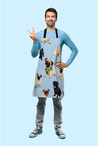 Vista 3 de Pug Puppies Series - Delantal de cocina con diseño de animales lindos y diferentes emociones, delantal azul para cocinero, restaurante, limpieza