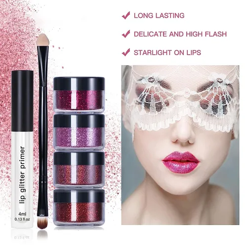 Vista 4 de Animakeup Kawaii Kisses - Kit de labios con purpurina de 4 colores, pastel de arándanos, acabado metálico y brillante con base para labios y pincel