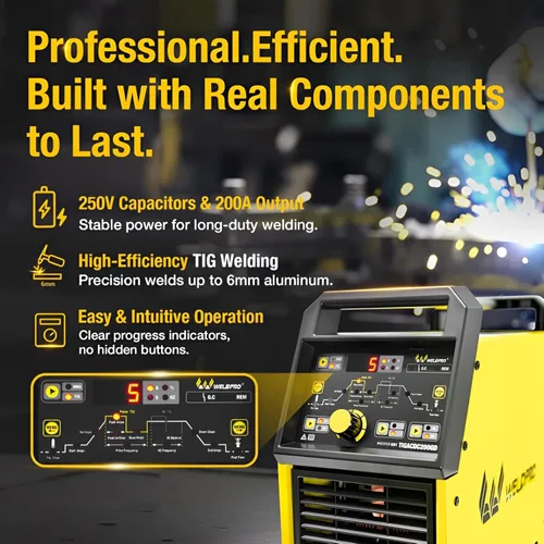 Vista 2 de Weldpro TIG Soldador AC/DC 200A con pulso, soldador TIG de aluminio 110V/220V con antorcha TIG AC TIG/DC TIG/AC PULSE TIG/DC PULSE TIG/Stick Máquina