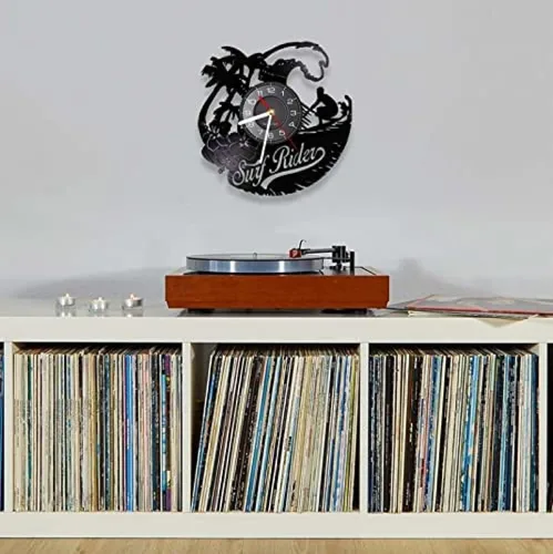 Vista 3 de Reloj de pared de vinilo de 12 pulgadas, reloj de pared con disco LP, tabla de surf, verano, playa, playa, manualidades, decoración de disco, reloj