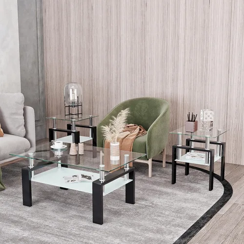 Vista 2 de Juego de 3 mesas auxiliares de cristal para sala de estar, mesa auxiliar de sofá con almacenamiento, patas de metal negro, mesa central rectangular