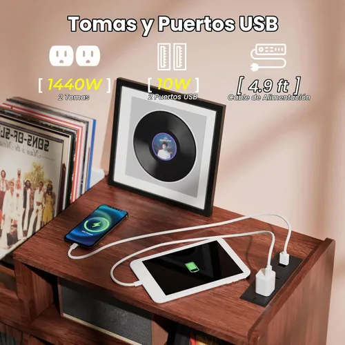 Vista 6 de Soporte grande para tocadiscos con puerta corredera, armario de almacenamiento de discos de vinilo 350, mesa de tocadiscos con toma de corriente