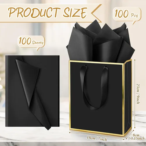 Vista 2 de Yeaqee Paquete de 100 bolsas metálicas de regalo con asa y papel de seda de papel de seda dorado para graduación, boda, padrinos de boda, regalos