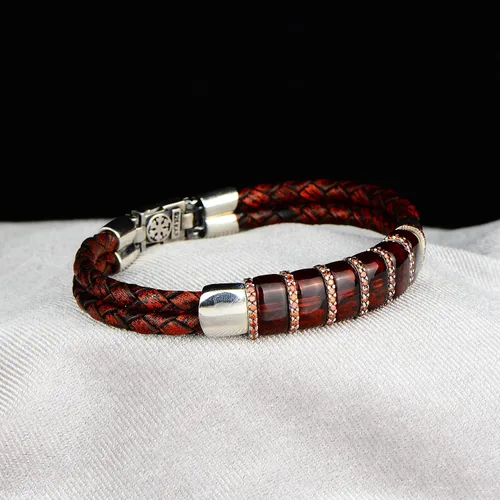 Vista 3 de Pulsera de cuero para hombre, pulsera de piedra de rubí natural de plata, regalo de aniversario único para hombres pulsera vintage, pulsera de plata