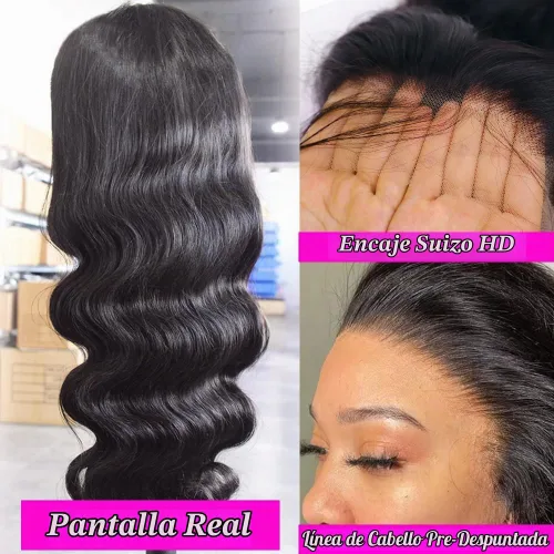 Vista 3 de Pelucas de cabello humano con encaje frontal HD de 24 pulgadas, densidad del 250%, pelucas de cabello humano con encaje frontal ondulado corporal