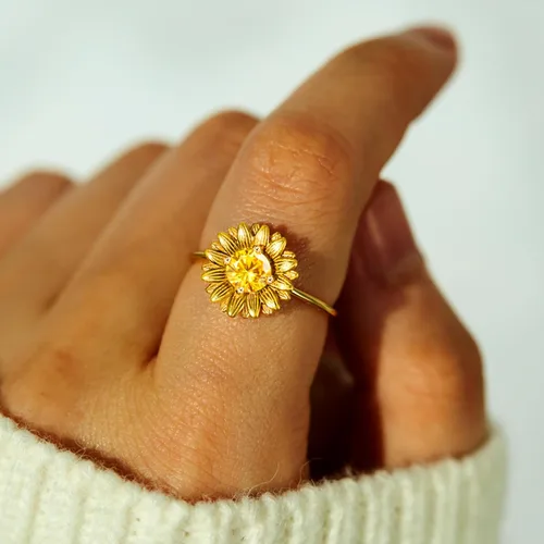 Vista 2 de STORYJEWELLERY Anillo de girasol, anillos chapados en oro de 18 quilates para mujer, anillo de flores, anillos de verano, joyería de girasol
