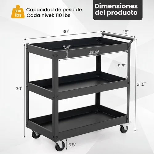 Vista 5 de Goplus Carrito utilitario de 3 niveles, carrito de herramientas de servicio comercial resistente con ruedas bloqueables, capacidad de carga de 330
