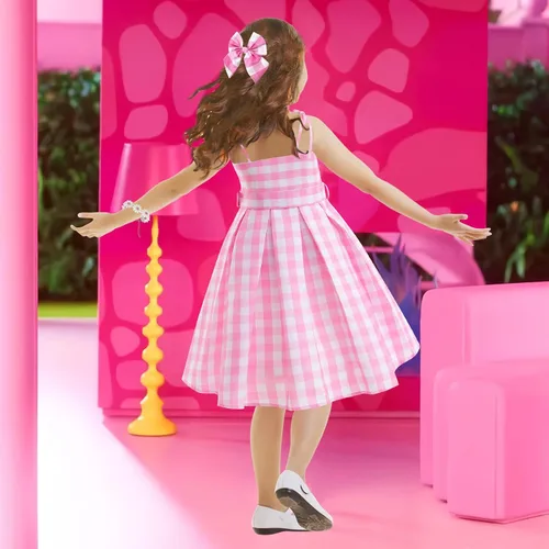 Vista 3 de Vestido de disfraz rosa para niñas, disfraz de película de cosplay, disfraz de fiesta de Halloween con accesorios
