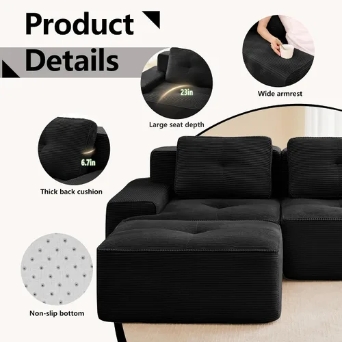 Vista 3 de Sofás deshuesados negros de 81.9 pulgadas para sala de estar, sofá modular modular de 2 plazas, cómodo sofá de dos plazas tapizado de tela de pana
