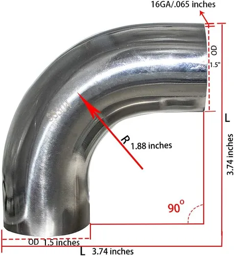 Vista 2 de Codo de mandril de acero inoxidable de 1.5 pulgadas de 90 grados, pared de 16GA/.065 pulgadas, pierna de 1.5 pulgadas, codo de escape de acero
