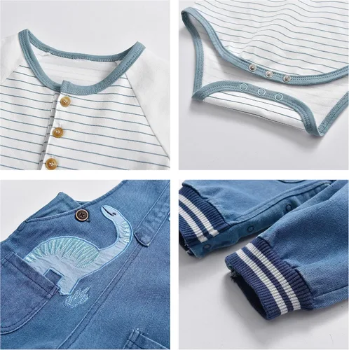 Vista 5 de Conjunto de ropa de bebé para niños pequeños, mameluco de manga larga + overol de mezclilla, conjuntos de ropa para bebés
