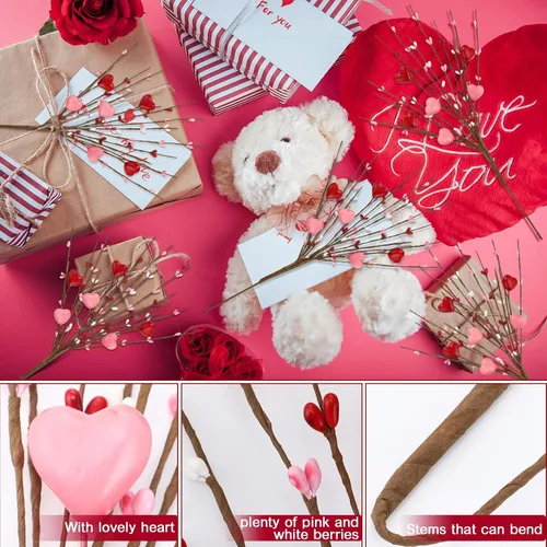 Vista 3 de Lyrow 24 tallos artificiales de bayas para el día de San Valentín, ramas en forma de corazón, ramas para primavera, día de la madre, Navidad, boda