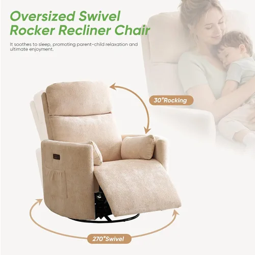 Vista 4 de Sillón reclinable eléctrico de gran tamaño con masaje y calor, sillón reclinable giratorio con reposacabezas ajustable, silla reclinable planeadora