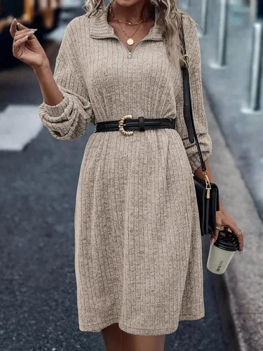 Vista 5 de Vodikar Women's Ribbed Knit Shift Midi Dress Fleece Quarter Zip Polo Neck Long Sleeve 2023 Fall Fashion Knitted Dresses