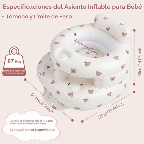 Vista 2 de Asiento inflable para bebé de 3 a 36 meses, silla de bebé con cerca y bomba de aire incorporada, asiento de piso inflable para bebé con soporte