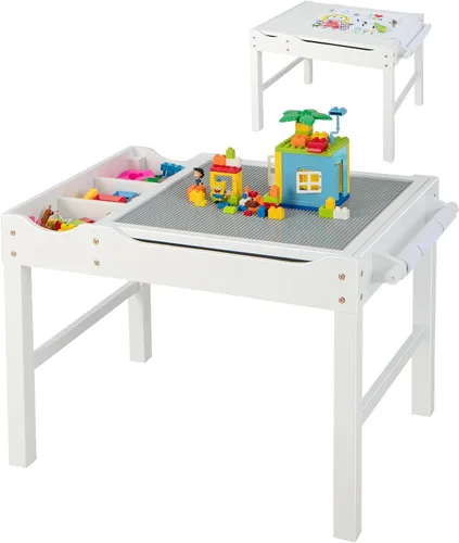 Vista 11 de HONEY JOY Mesa para niños, mesa de actividades de madera 2 en 1 con rollo de papel, mesa de bloques de construcción convertible, 3 compartimentos