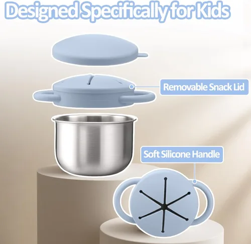 Vista 4 de Paquete de 2 Tazas de Aperitivos de Acero Inoxidable para Niños Pequeños - 9 OZ Recipientes de Aperitivos para Bebés a Prueba de Derrames