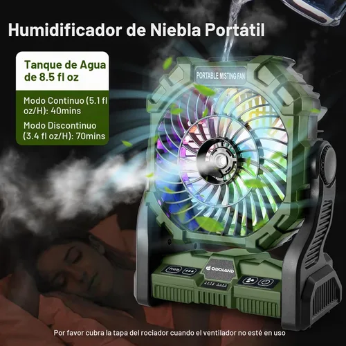 Vista 3 de Odoland Ventilador portátil para campamento con linterna LED, ventilador recargable a batería de 20,000 mAh con función de nebulización y luz
