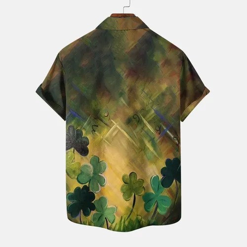 Vista 4 de Camisa del día de San Patricio para hombre, con botones, divertida, trébol, trébol, manga corta, camisas casuales