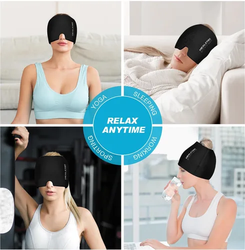 Vista 3 de Sombrero frío, tapa de hielo, envoltura de cabeza de hielo, terapia fría y caliente, reutilizable 360 compresión, envoltura flexible para la cabeza