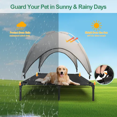 Vista 3 de Cama elevada para perros para exteriores con toldo, cuna elevada para perros con sombra, tienda de campaña impermeable para perros medianos