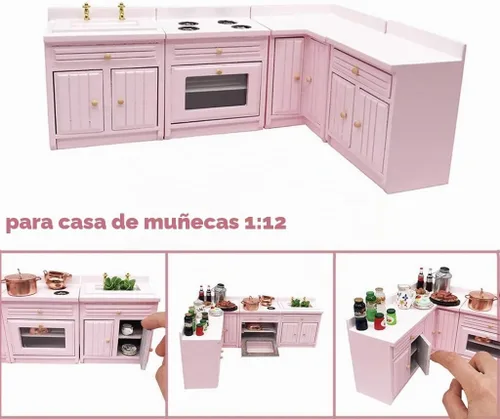 Vista 2 de Accesorios de decoración de casa de muñecas, casa de muñecas 1:12, muebles en miniatura, juego de gabinetes de cocina de madera combinados Rosa
