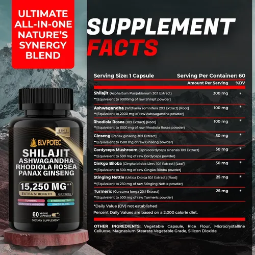 Vista 3 de ELVPOTEC 9000 mg Shilajit, 2000 mg Ashwagandha Energy Booster, 1000 mg Rhodiola Rosea, 1500 mg Panax Ginseng, 500 mg de cúrcuma, Ginkgo, 250 mg