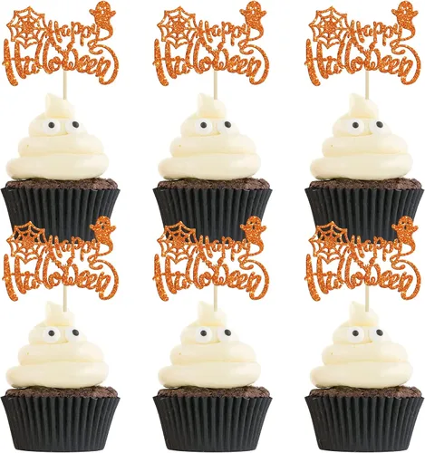 Vista 23 de Ephlyn 24 adornos negros para tartas de Halloween con purpurina fantasma Negro Halloween