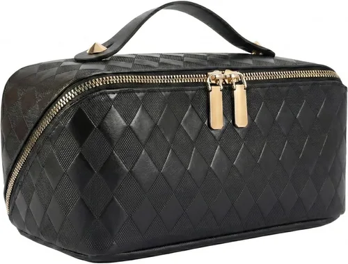 Vista 16 de Bolsa de cosméticos de viaje de gran capacidad - Bolsas de maquillaje portátiles para mujeres, impermeable, de cuero PU a cuadros, con organizador