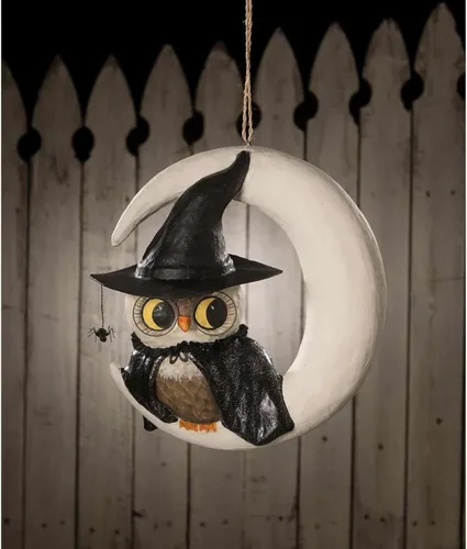 Vista 3 de Bethany Lowe Figura de papel maché de búho brujo, en la luna