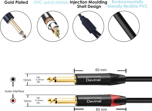 Vista 2 de Cable divisor dual 1/4 a XLR Y, doble 0.250 in TS macho a XLR 3pin macho cable estéreo, doble cuarto de pulgada mono a XLR macho enchufe micrófono