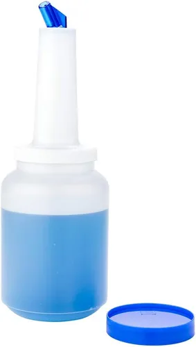 Vista 17 de Restaurantware Botella de plástico de 0.5 cuartos de galón de almacenamiento - con boquilla azul y tapa - Botella de almacenamiento de barra