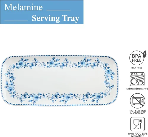 Vista 3 de UP ware - Bandeja de servir de melamina floral azul y blanca, bandeja rectangular de 15 x 6.5 pulgadas, bandeja de alimentos sin BPA