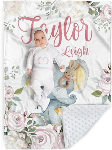 Vista 26 de Manta de bebé personalizada, manta de felpa suave con respaldo de puntos de doble capa para niños y niñas, nombre personalizado con diseño de animal