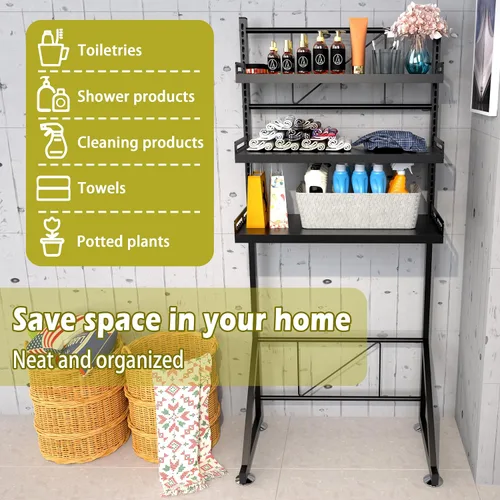 Vista 4 de Estante de almacenamiento para lavadora de 3 niveles de altura ajustable, organizador de almacenamiento grande para baño para ahorrar espacio (negro)