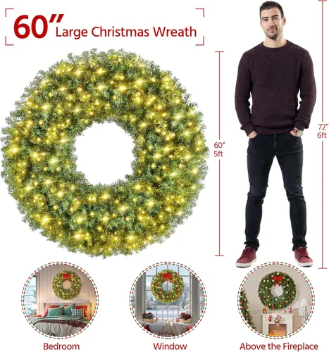 Vista 2 de Yaheetech 2 coronas artificiales grandes de Navidad de 60 pulgadas, decoración navideña preiluminada con lazo rojo, 300 luces LED y 1026 puntas