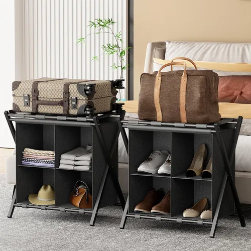 Vista 11 de Huhote Portaequipajes para habitación de invitados, soporte plegable para maleta con estante de almacenamiento de tela, soporte para equipaje