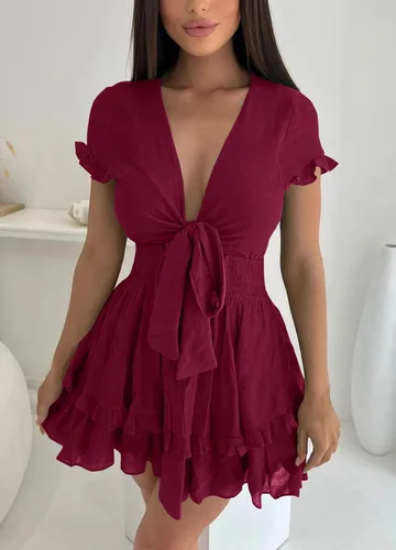 Vista 7 de PRETTYGARDEN - Mini vestido de verano con vuelo para mujer. Vestido corto acampanado con cuello en V y manga corta con volantes en la parte delantera