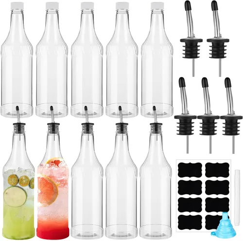Vista 7 de Dandat 20 botellas de plástico de cuello largo de 32 onzas con vertedor y tapas, botellas de plástico para verter jugos con vertedor de acero Dorado