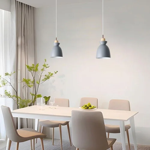 Vista 2 de Modern Minimalist Bell Metal Pendant Light Fixture Wood Accent, Small Hanging Lamp for Dining Room Kitchen Island Bedroom Bedside Cafe, Adjustable