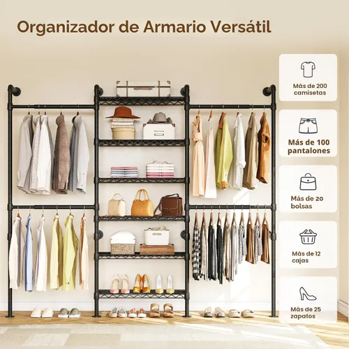Vista 9 de ONBRILL H3 - Sistema de armario expandible para montaje en pared, organizador de armario de 5.4 pies a 8.1 pies con 4 varillas telescópicas y 6 Negro