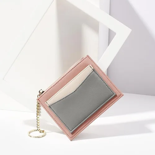 Vista 9 de Cartera pequeña con llavero para mujer, tarjetero minimalista con monedero, bonita cartera delgada para mujeres y hombres, Rosado