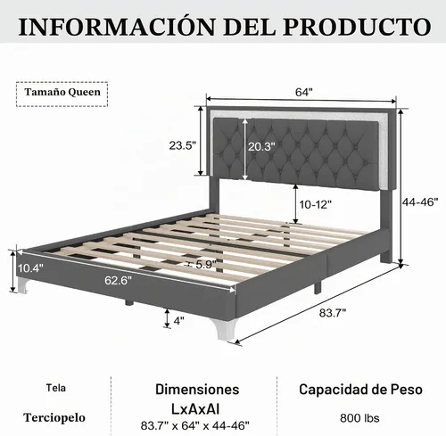 Vista 2 de Merax Cama de plataforma tapizada, tamaño Queen, tela de terciopelo LED, marco de cama de madera con luces LED y cabecera copetuda para dormitorio