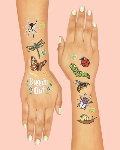 Vista 4 de xo, Fetti Tatuajes temporales de insectos – 48 estilos de purpurina Suministros de fiesta de cumpleaños de insectos, abejas, arañas, escarabajos