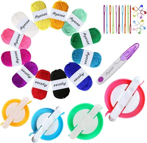 Vista 11 de Kit de fabricación de pompones, kit de telar de tejer con pompón, aguja para tejer de bolas, manualidades, kit de herramientas de ganchillo